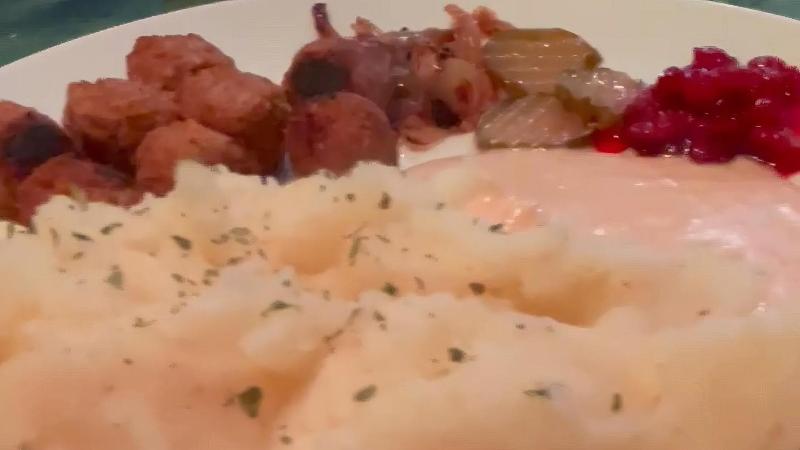 Close-up shot of vegan Swedish Meatballs and Mash at Dauns in London