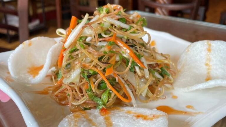 Banana flower salad with vegan prawn crackers at Sen Viet Vegan