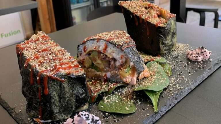 Another photo of Sushi Tramezzino with yellow kimchi at Vegan Yes in London from a straighter angle