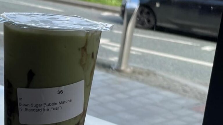 Brown Sugar Bubble Matcha with oat milk by the window at ALS Gongcha in Sheffield