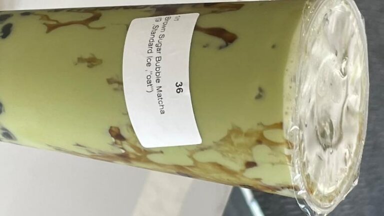 Full cup of Brown Sugar Bubble Matcha with oat milk from ALS Gongcha in Sheffield