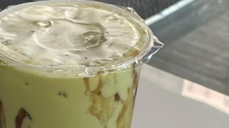 Close-up of the top of a Brown Sugar Bubble Matcha from ALS Gongcha in Sheffield