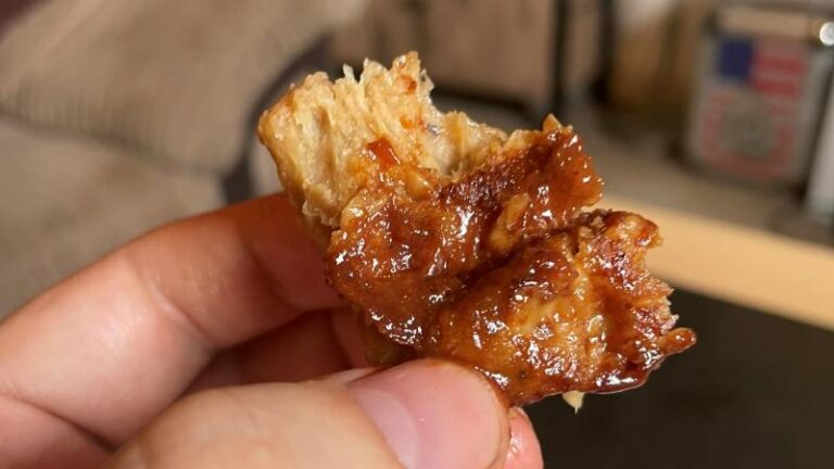 Close-up of ASDA OMV BBQ No Ribs after a bite showing the texture inside