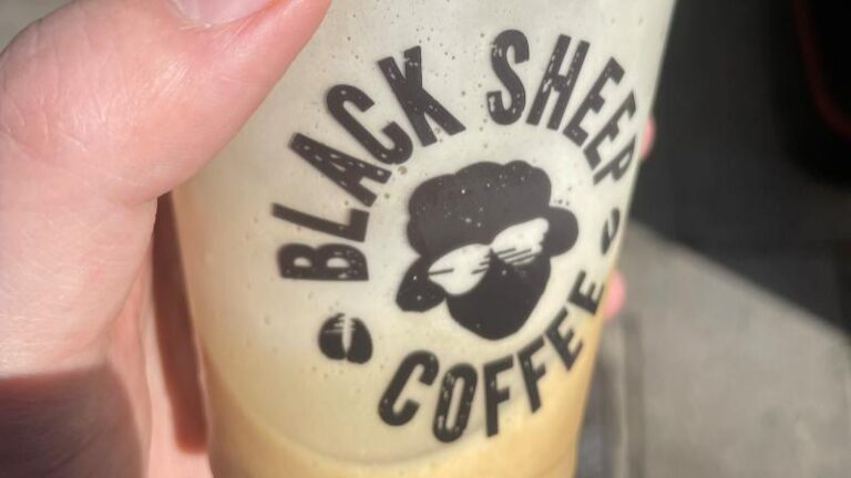 Close-up of the Black Sheep Coffee Oatly Cold Foam Iced Latte in bright sunlight
