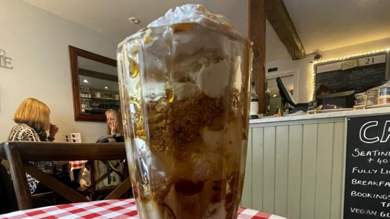 Side view of the vegan Biscoff sundae at Café 21 in Colchester