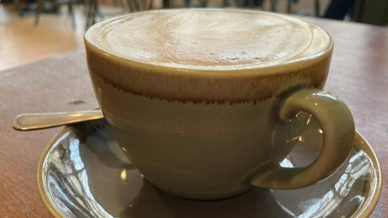 Close-up of a coconut vegan milk latte at Harvest Moon in Ipswich