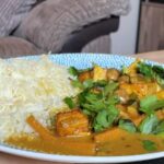 Creamy tofu korma with mushrooms, courgette and cardamom butter rice