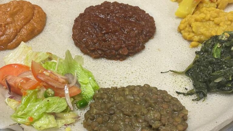 Veggie taster platter served on injera bread at Frehiwet Habesha in Sheffield