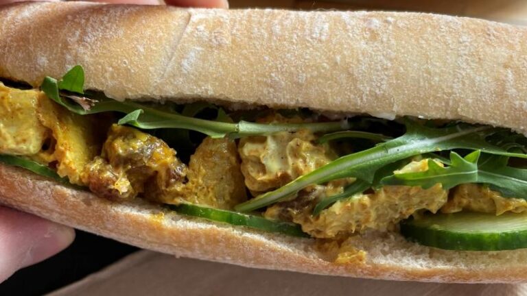 Close-up shot of the coronation chickin baguette at Gaard 2 in Sheffield