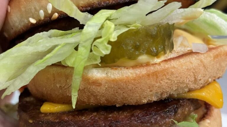 Close-up inside The Big Hanks vegan Big Mac-style burger at Hanks Dirty in Colchester