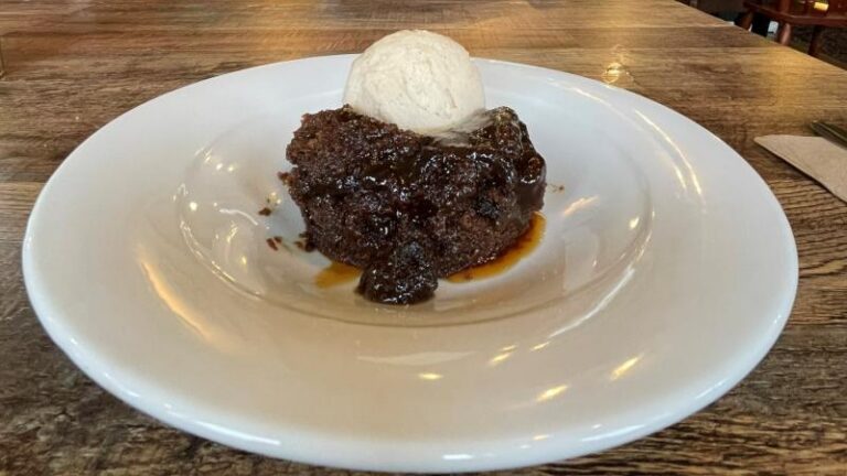 Vegan sticky toffee pudding with ice cream at Hanks Dirty