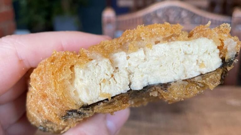 Inside of vegan beer battered tofu with nori from Hanks Dirty
