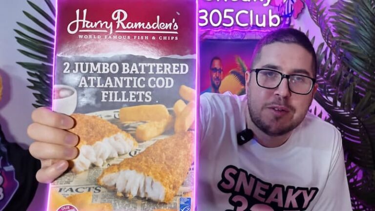 Ian showing the Harry Ramsden’s jumbo fish fillet box to the camera