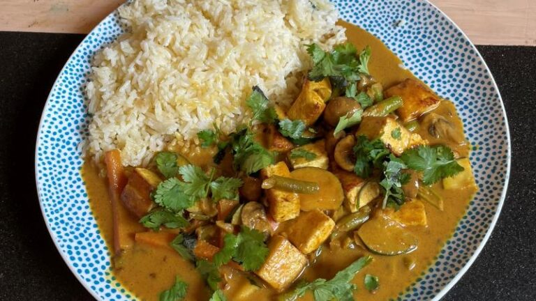 Homemade tofu korma served with cardamom butter rice