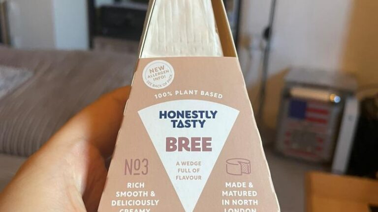 Honestly Tasty Bree vegan cheese in its packaging