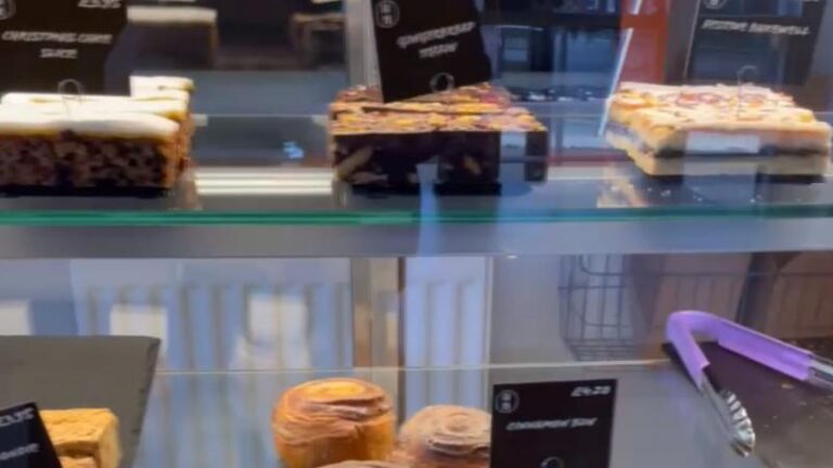 Cake and pastry display at Honey + Harvey in Colchester
