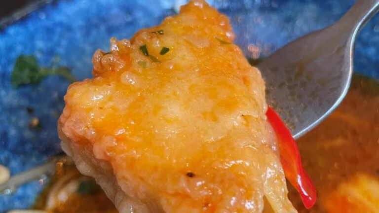 Close-up shot of the breaded tofu from the vegan spicy ramen soup at Koryu in Colchester.=