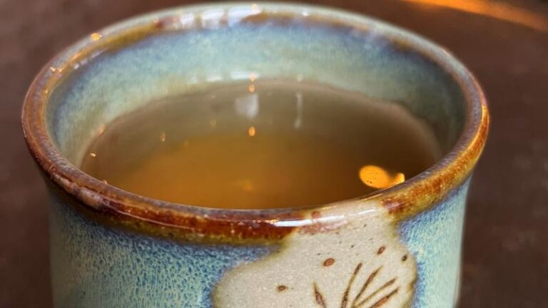 Close-up shot of a cup of green tea at Koryu in Colchester