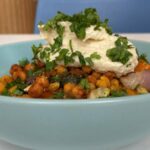 Vegan Tagine Bowl with vegetables, chickpeas, couscous and hummus at Level Best Café in Colchester