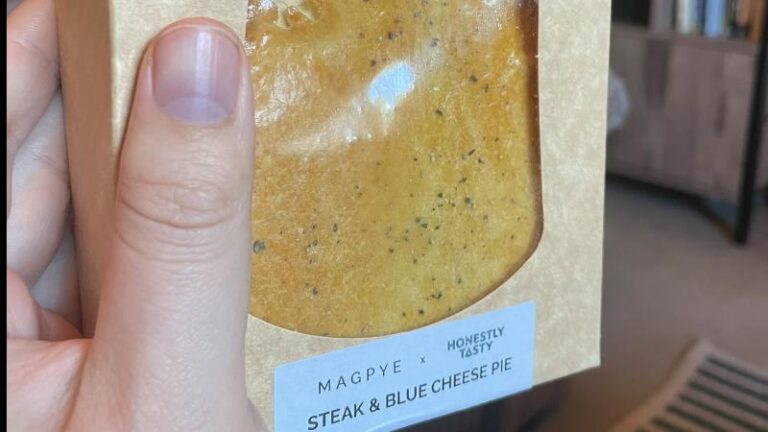 Magpye and Honestly Tasty Steak and Blue Cheese Pie in its packaging