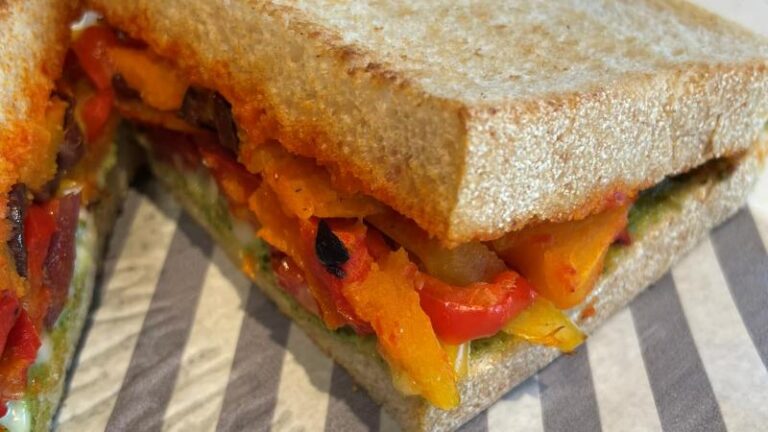 Close-up of the M&S Very Veggie Toastie with butternut squash, peppers, vegan feta and red pepper tapenade