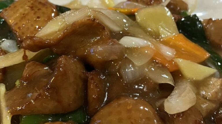 Close-up shot of mock duck with ginger and spring onion at Noodle Inn Centro in Sheffield