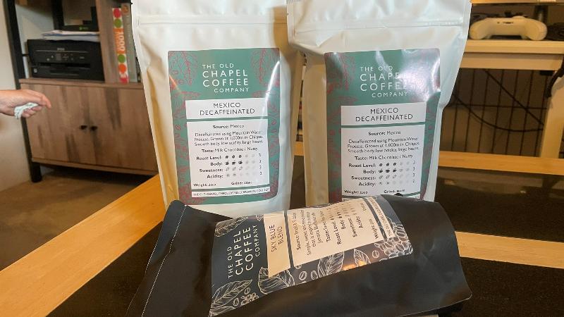 Old Chapel Coffee Company shopping haul with Mexico Decaffeinated and Sky Blue Blend coffee beans