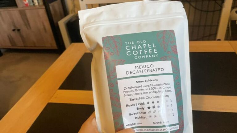 Old Chapel Coffee Company Mexico Decaffeinated coffee beans in a white bag