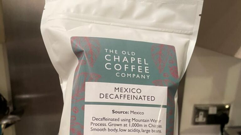 Close-up of Old Chapel Coffee Company Mexico Decaffeinated coffee beans bag