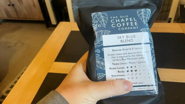 Old Chapel Coffee Company Sky Blue Blend coffee beans in a black bag