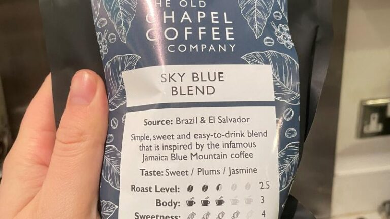 Close-up of Old Chapel Coffee Company Sky Blue Blend coffee beans bag