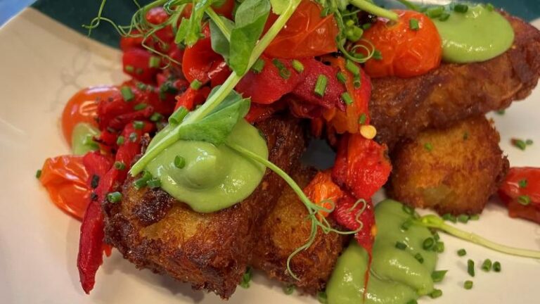 Close-up shot of the vegan hash brown stack at Patch in Colchester