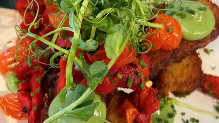 Another close-up shot of the vegan hash brown stack at Patch in Colchester