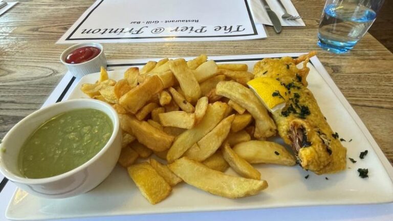 Full plate shot of vegan banana blossom fish and chips at Pier One in Frinton-on-Sea