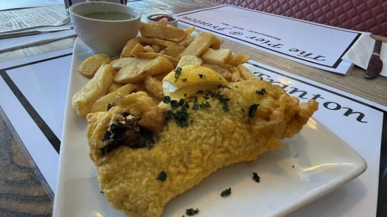 Close-up of vegan banana blossom fish and chips at Pier One in Frinton-on-Sea
