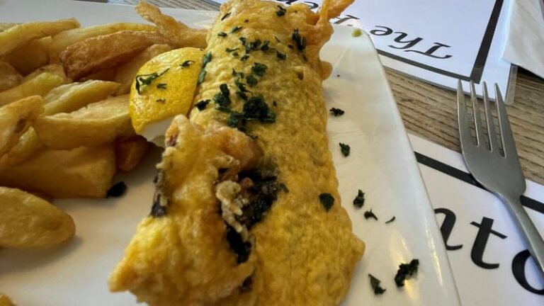 Close-up of battered vegan banana blossom fish at Pier One in Frinton-on-Sea