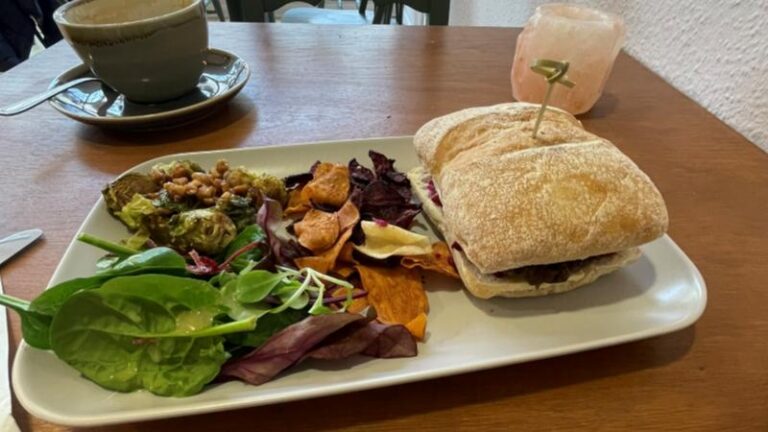 Full-size shot of salad crisps and a vegan stuffing, apple and walnut burger at Harvest Moon in Ipswich