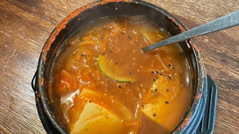 Overhead shot of tofu Kimchi Jjigae at Kimchi House in Colchester