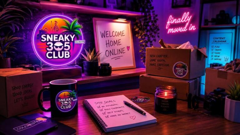 Sneaky305Club neon desk setup with welcome home online message and moving boxes
