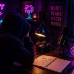 Sneaky305Club neon desk scene with hide away, regroup and recharge message
