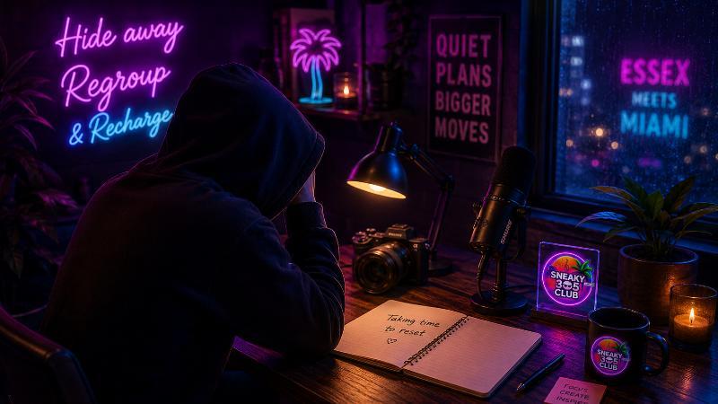 Sneaky305Club neon desk scene with hide away, regroup and recharge message