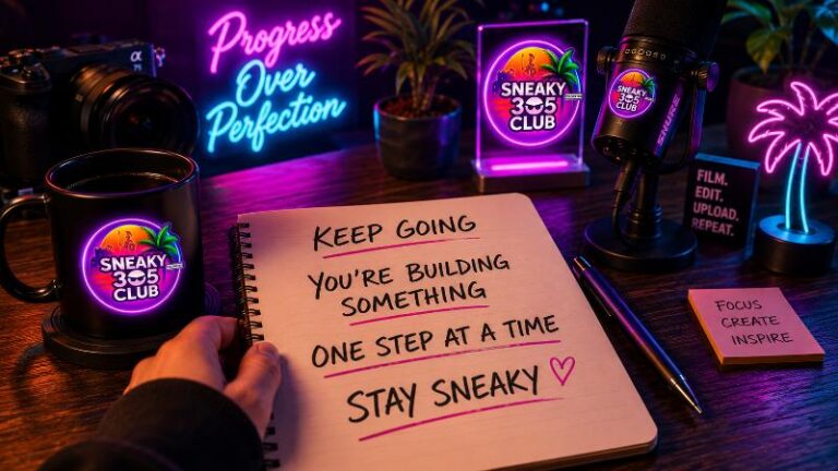 Sneaky305Club progress over perfection desk setup with neon lights, microphone and motivational notebook