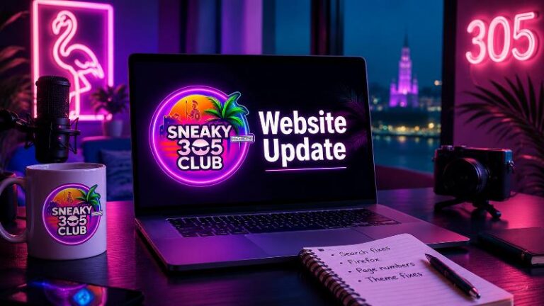 Sneaky305Club website update graphic with laptop, neon logo, microphone, camera and notes