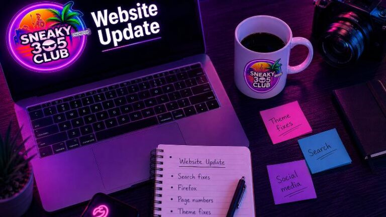 Sneaky305Club website update desk scene with laptop, coffee mug, camera and handwritten notes