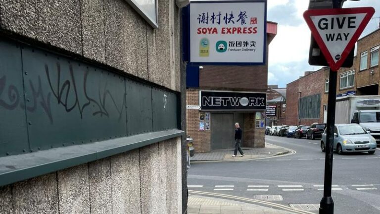 Outside sign for Soya Express in Sheffield near the street corner