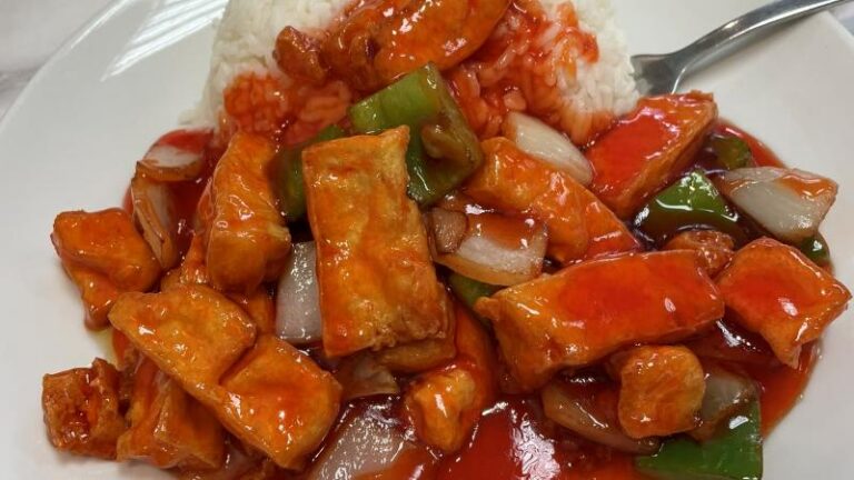 Sweet and sour tofu with rice at Soya Express in Sheffield.