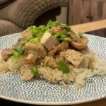 Steamed button mushrooms with tofu, spring onion and garlic sesame rice