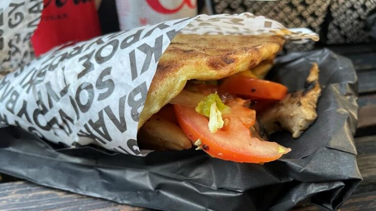 Vegan gyros wrap from The Athenian, wrapped and ready to eat