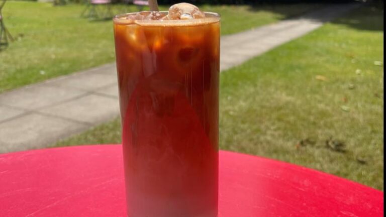 Iced oat milk latte with caramel at The Commons Café in Colchester