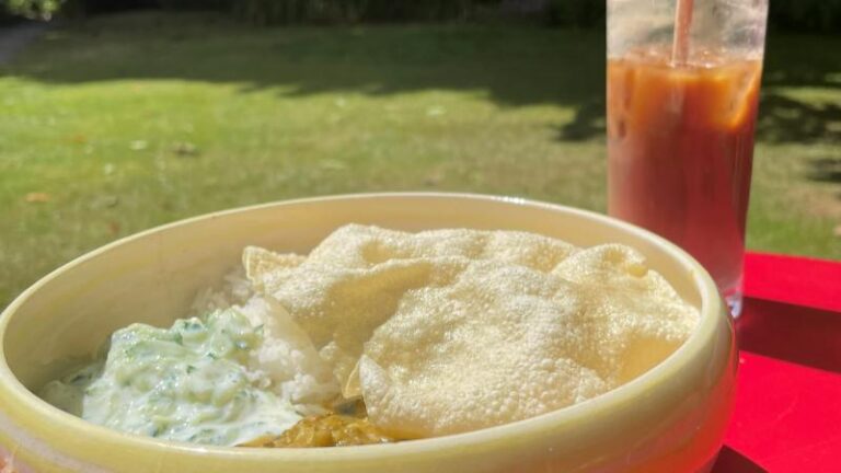 Mung bean curry with poppadoms and iced oat milk latte at The Commons Café in Colchester garden